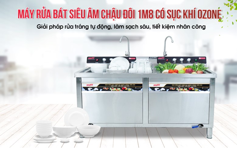 Máy rửa bát siêu âm chậu đôi 1m8 có sục khí ozone 1800