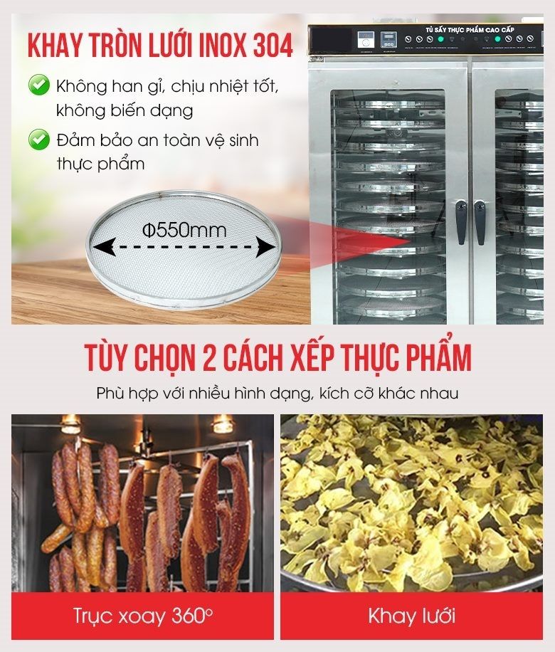 Đối với các loại thực phẩm dài như lạp xưởng, xúc xích,.. có thể treo trực tiếp vào các trục xoay bên trong khoang